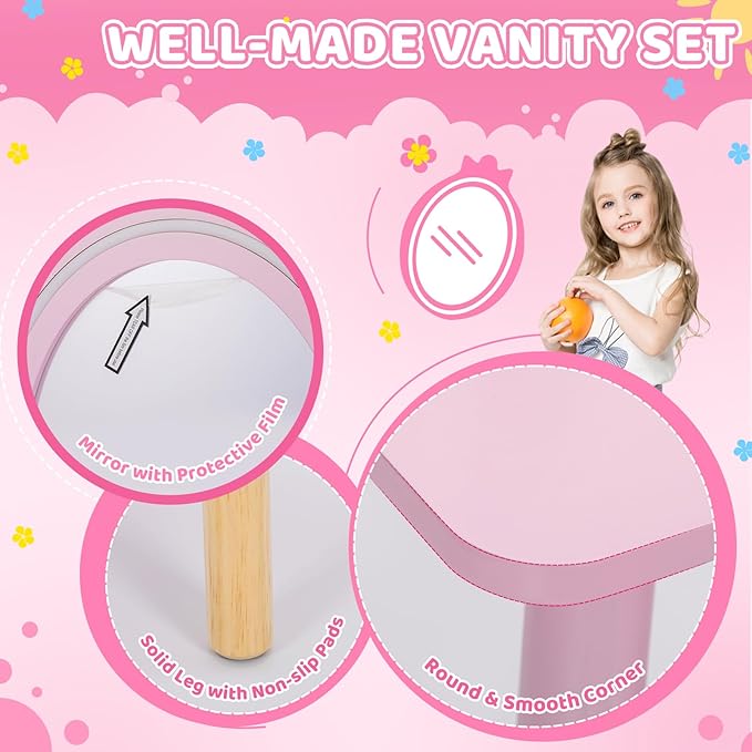 Kids Vanity Set with Lighted Mirror, Princess Make Up Dressing Table and Stool Set w/Jewelry Storage Rack & Make Up Brush Holder, Wooden Children Vanity Table Pretend Playset for Girls