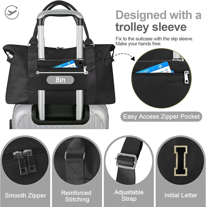 Dance Gym Duffel Bag for Teen Girls, Personalized Initial Travel Weekender Bag,Cute Overnight Carry On Duffle for Women,Sports Travel Cheer Bag,Monogram Christmas Gifts for Tween Preppy(black-I)