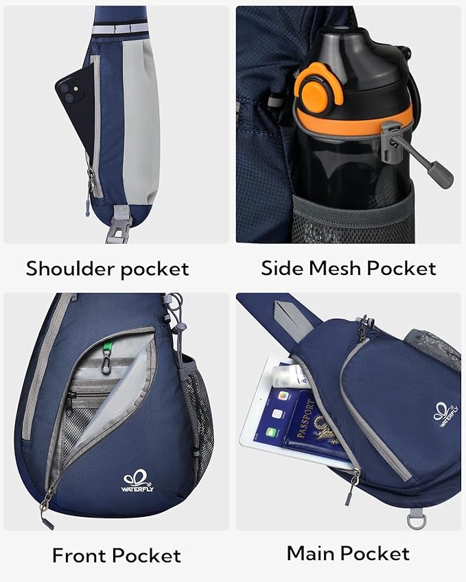 WATERFLY Crossbody Sling Bag Small Water Resistant Backpack Lightweight Shoulder Chest Daypack for Men Women Hiking Travel
