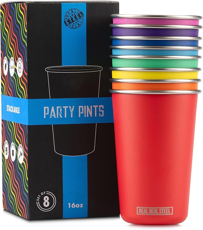 Rainbow Cups 16 oz Pint Cups, Stackable Tumblerrs, Eco Friendly Premium Metal Drinking Glasses