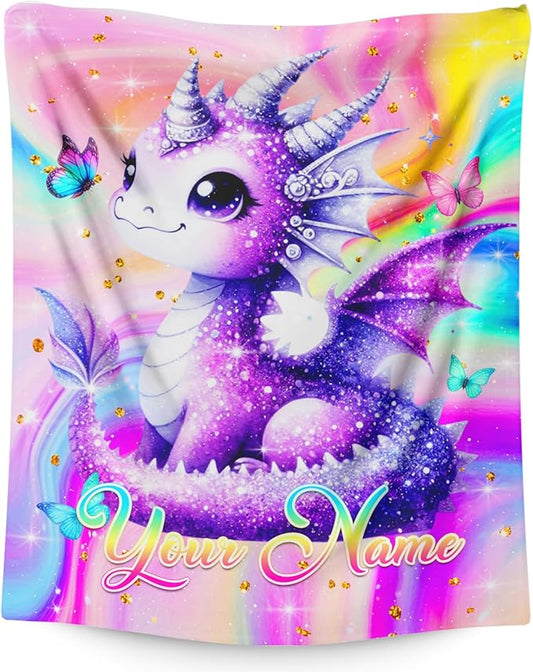 Personalized Blankets for Girls, Dragon Throw Blanket Gift for Girls Age 6-8 Kids Teens, Custom 50"x40" Soft Flannel Lightweight Throws Throws for Couch Sofa
