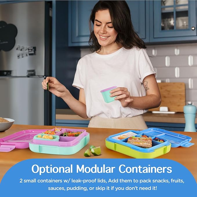 Caperci Bento Lunch Box for Kids - Large 4.8 Cups Lunch Container with 2 Modular Containers - 4 Compartments, Leak-Proof, Portable Handle, Microwave/Dishwasher Safe (Blue/Juicy Pear)