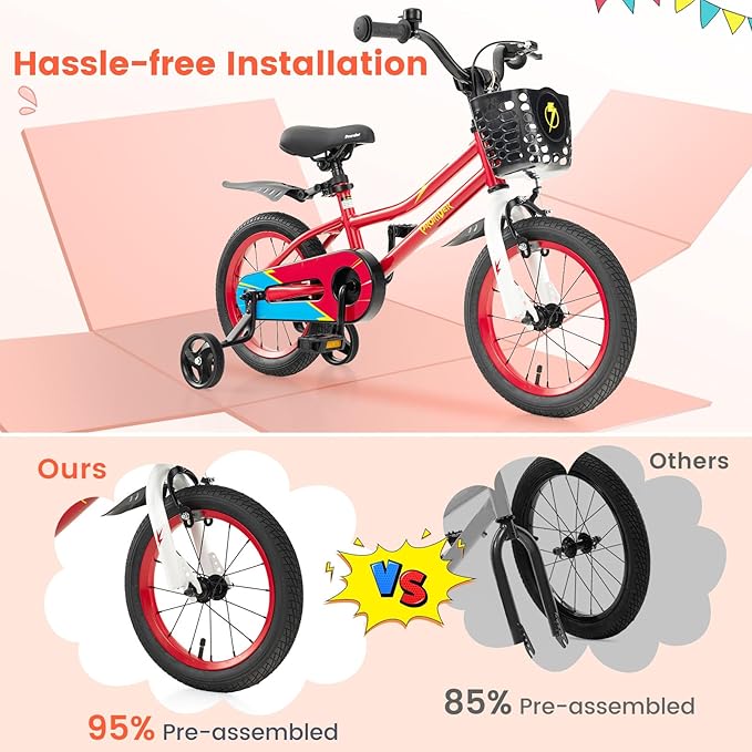 BABY JOY Kids Bike, 12 14 16 18 Inch Children Bikes for Boys Girls Age 3-8 Years w/Training Wheels, Handbrake, Coaster Brake & Removable Basket, Kids Bicycle of Multiple Colors