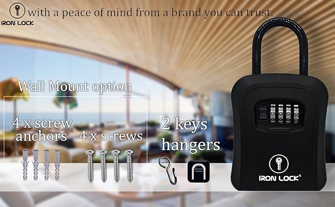 Iron Lock® Portable Key Lock Box and Wall Mounted with Removable Shackle Indoor Outdoor Waterproof 4 Digit Combination with Resettable Code with A B Switch Key Lockbox for Outside (Medium, Black)