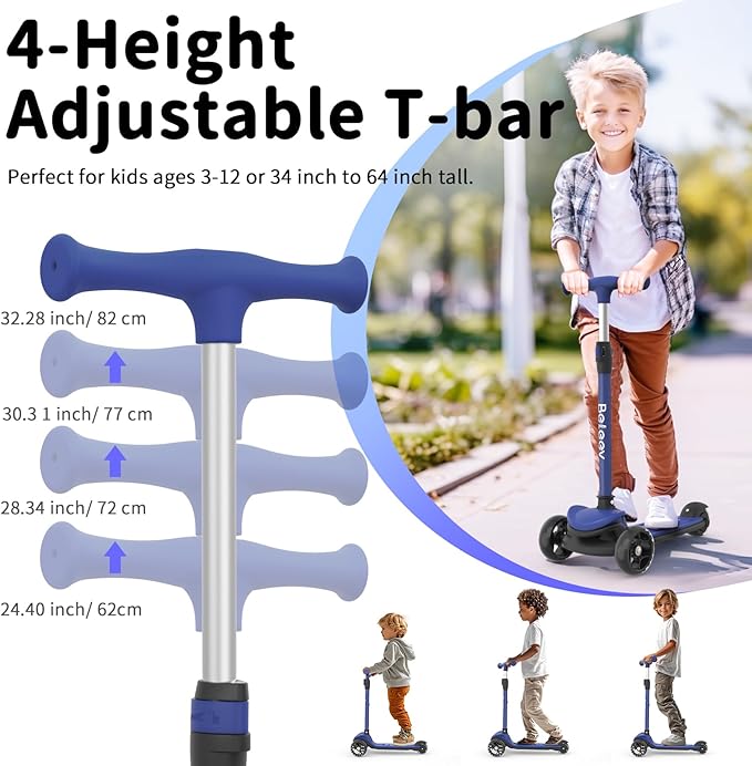 BELEEV A8 Scooter for Kids Ages 3-12, 3 Wheel Folding Scooter for Toddlers Girls Boys, LED Light-Up Wheels, 4 Adjustable Height, Lean to Steer, Extra Wide Wheels, Three Wheel Kick Scooter for Children