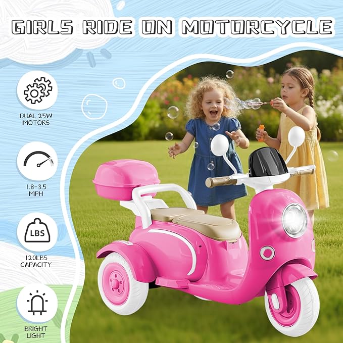 HEIMILI Kids Electric Motorcycle,Electric Scooter for 3 Year Old, Girls Toy, 3-Wheel 12V Ride On Scooter for Kids with Storage Compartments, Motorcycle for Girls (Rose)
