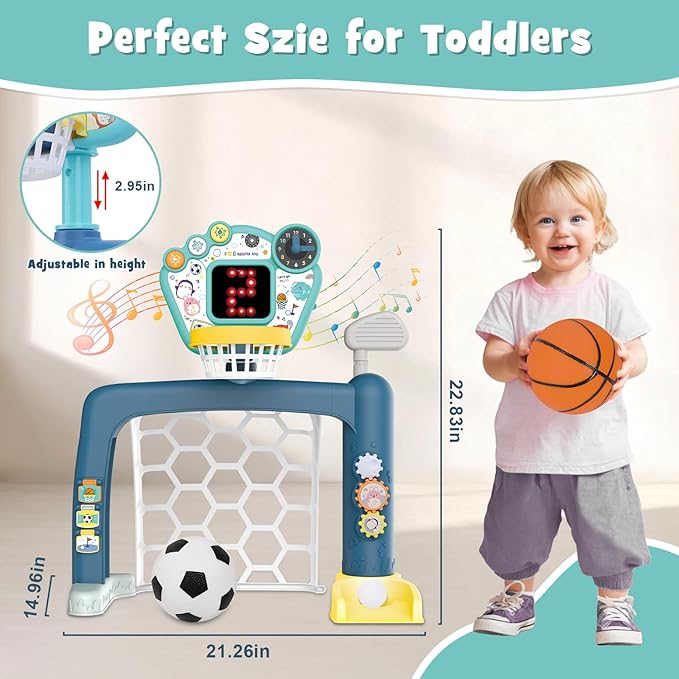 4 in 1 Adjustable Basketball Hoop Soccer Goal for Toddlers 1-3,Kids Sports Toys with Golf Baseball Toy,LED Scoreboard, Music & Educational Games,Indoor & Outdoor Baby Activity Center Age 18+M Boy Girl