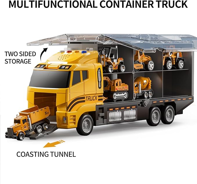 TEMI Construction Truck Set with Play Mat, Carrier Truck Toys for Kids Toddlers, Die-Cast Metal Toy Car Set, Christmas Birthday Gift for Age 3 4 5 6 + Years Old Boys Girls
