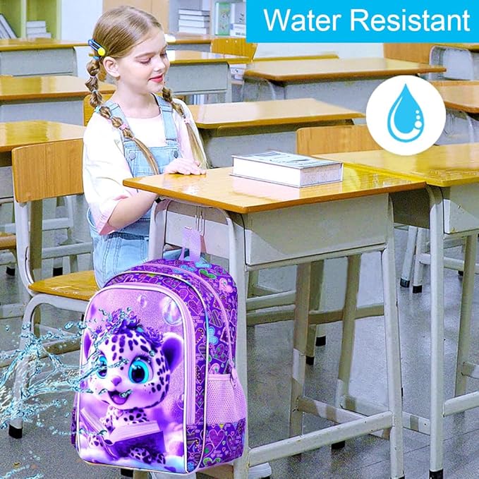 CCJPX 16" Leopard Backpack for Girls, 3Pcs Kids Bookbag with Lunch Box, Water Resistant Elementary School Bag for Kindergarten Preschool Toddler (Purple)