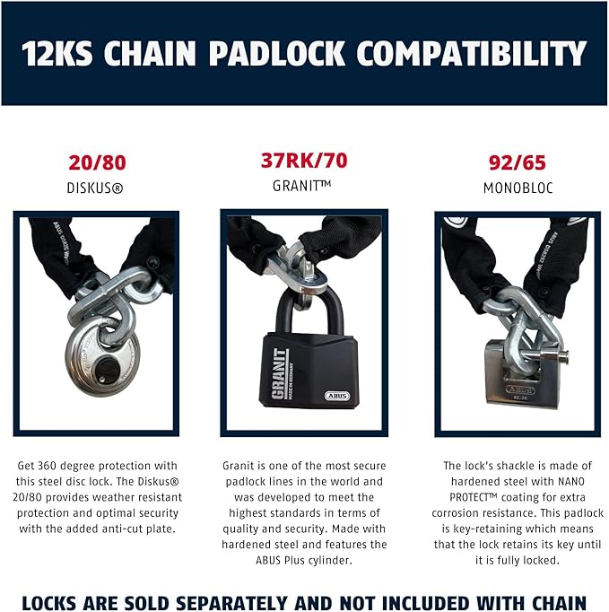 ABUS Hardened Steel 12KS 2 Foot 1/2" Thick Square Security Chain for Bikes, Containers, Trailers, ATV's, Motorcycles and Personal/Industrial Property