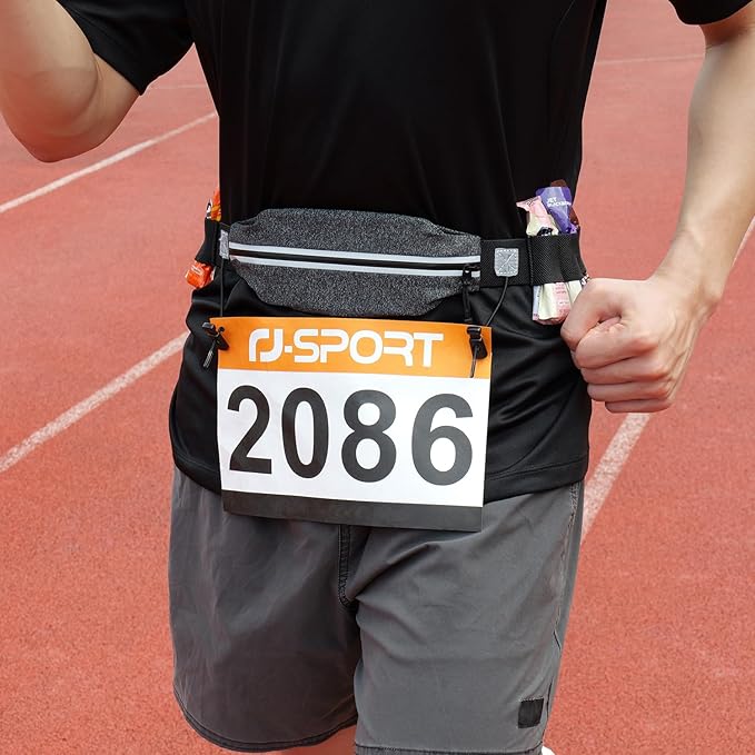 RJ-Sport Triathlon Belt with Pouch - Race Number Bib Holder with 6 Gel Loops, Ideal for Running, Cycling & Marathon (Grey)