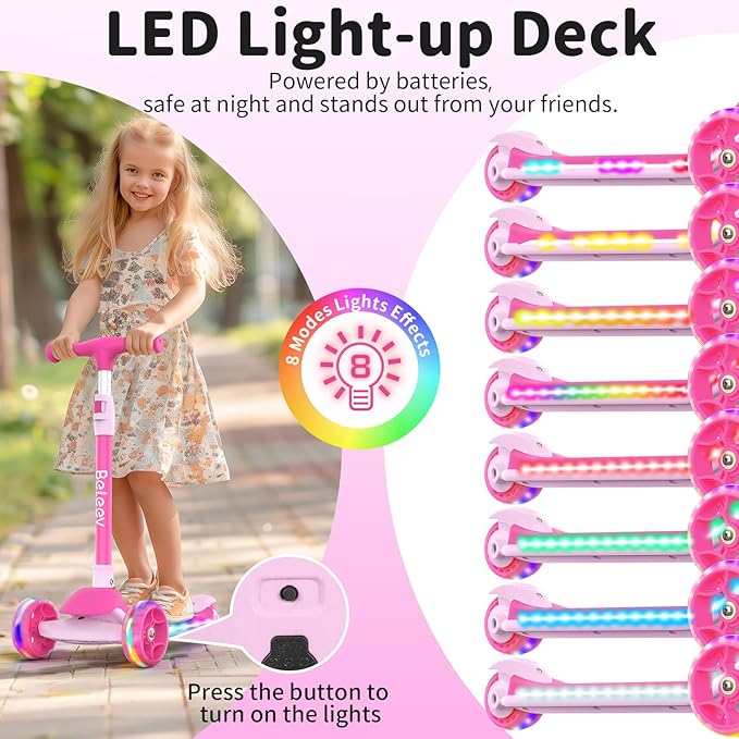 BELEEV A9 Kids Scooter with LED Light-Up Wheels & Deck, 3 Wheel Folding Scooter for Toddlers Girls Boys Ages 3-12, Adjustable Handlebar, Lean to Steer, Extra-Wide Wheels, Kick Scooter for Children