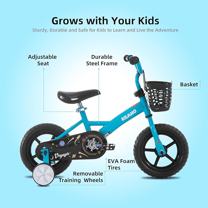 KEANO Voyager 10 12 Inch Kids Bike for Boys and Girls Ages 1-4 Years, Toddler Bike with Training Wheels & Basket, Detachable Parent Push Handle, Children Bicycle