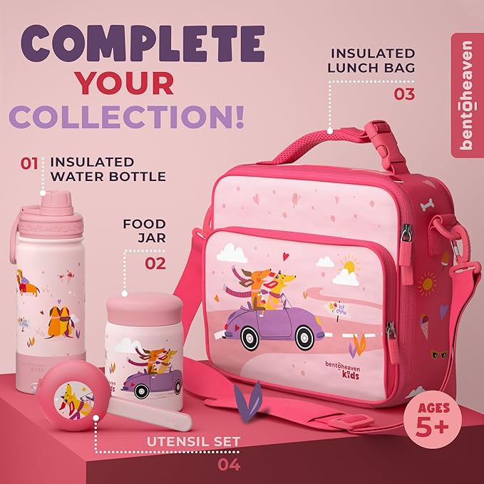 Bentoheaven Kids Water Bottle Stainless Steel for Boys & Girls, 2 Lids (Chug & Straw), Handle & Silicone Boot, Reusable Metal Leak-proof Insulated Tumbler, School & Sports 17oz (Pink)