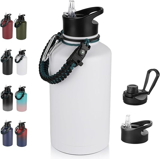 64 oz Insulated Water Bottle with Straw & Spout Lids, Stainless Steel Metal Half Gallon Water Jug with Paracord Handle, Double Wall Vacuum, Leakproof, Keep Drinks Cold & Hot, White