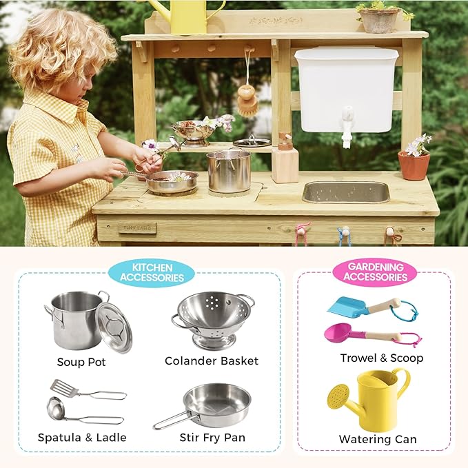 Tiny Land Outdoor Mud Kitchen for Kids, Wooden Play Kitchen with Water Tank, Water Play, Cooking, & Sensory Fun, Durable & Weather-Resistant Design with Storage, Gift for Ages 3+