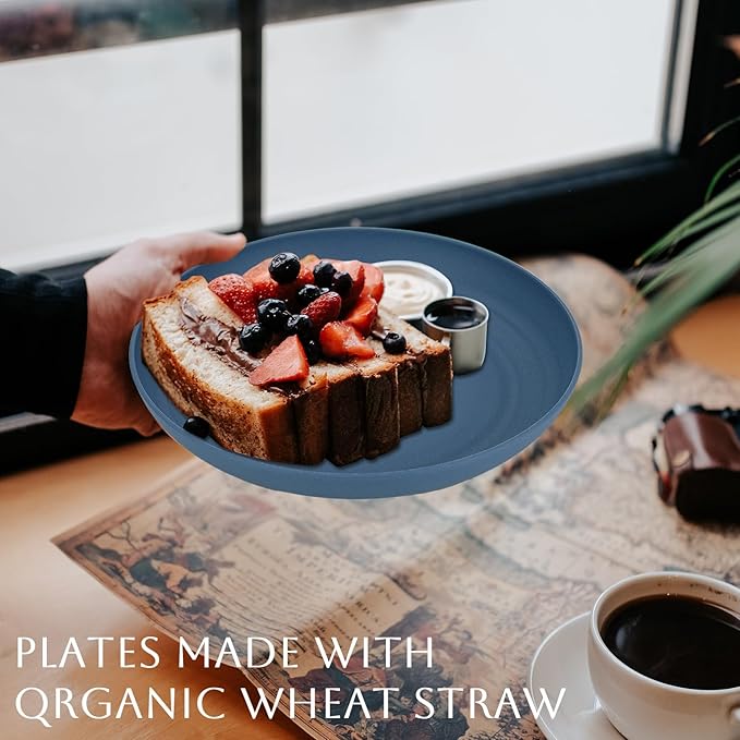 Homienly Deep Dinner Plates Set of 8-9 inch Alternative for Plastic Plates Microwave and Dishwasher Safe Wheat Straw Plates for Kitchen Unbreakable Plate Set (Blue)