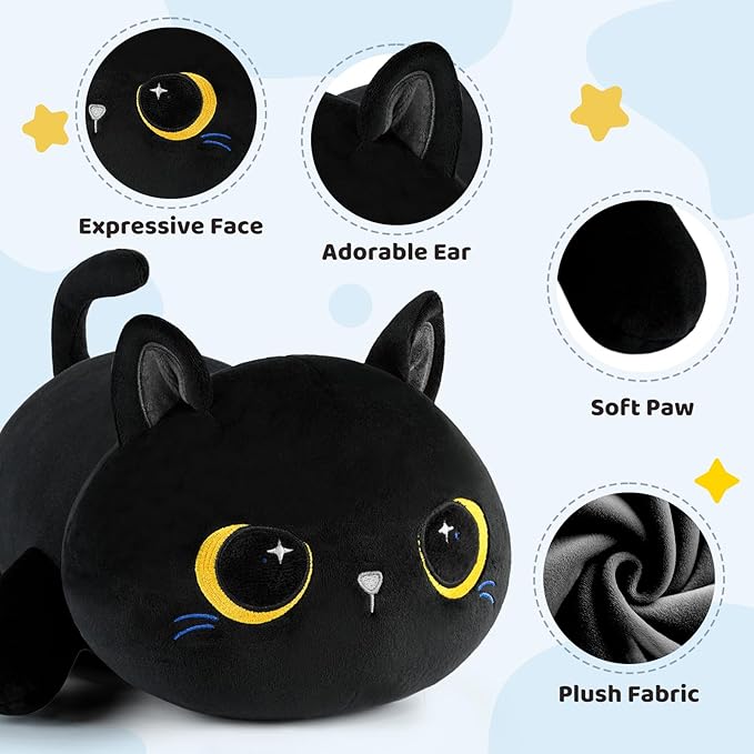 Puffpals Weighted Plush, Cute Black Cat Weighted Stuffed Animal with Beads, Soft Sensory Plush Pillow Toy for Kids & Adults(13.2in 1.4lbs)