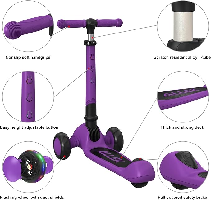 Allek Kick Scooter Foldable F02, 3-Wheel LED Flashing Glider and 4 Adjustable Height with Anti-Slip Thick Deck Push Scooter for Children 3-12yrs