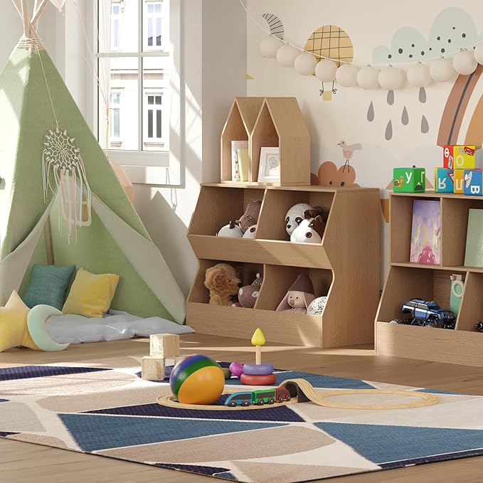 DINZI LVJ Kids Bookshelf, Toy Storage Organizer, Wooden Toy Storage Cabinet, 4 Cubby Children Bookcase, 39.4" L Toddler Book Shelf for Bedroom, Nursery, Hallway, School, Natural