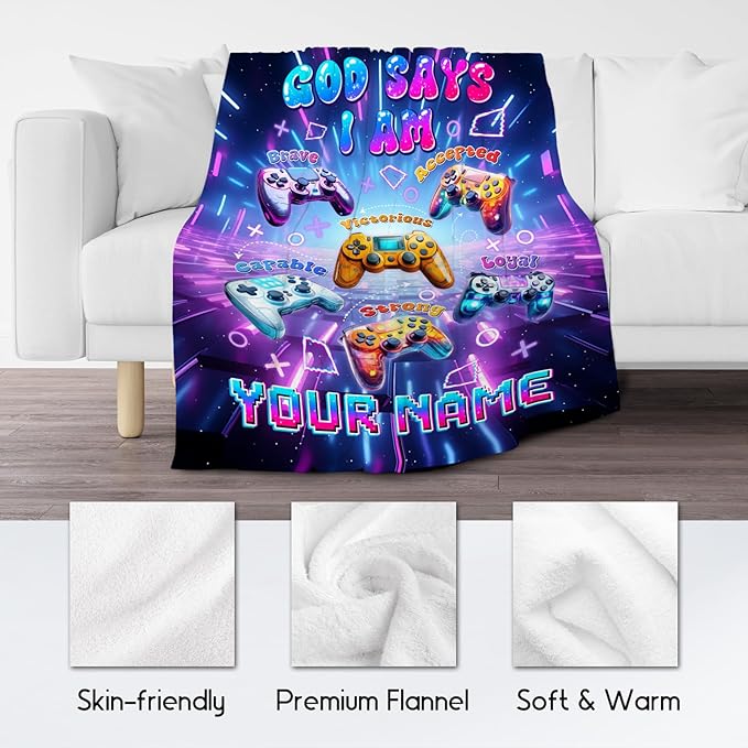 Personalized Gaming Throw for Boys, Soft Plush Fleece Kids Blanket for Living Room, God Says I Am Blanket for Kids, Gamer Room Decor Gift, 60"x80"