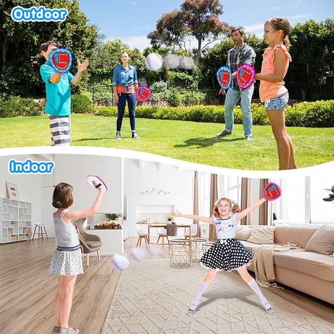 VATOS Toss and Catch Ball Game Set, 6 Sticky Balls & 4 Baseballs Training Glove with LED Light, Outdoor Toys Backyard Garden Lawn Games Sports for Kids Boys Girls 3-12