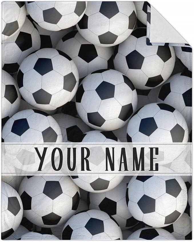 Personalized Soccer Throw Blanket with Name - Soft, Fuzzy & Warm - 50x60 Inches Throw Size Blanket for Couch, Office - White Soccer Gifts for Girls, Boys