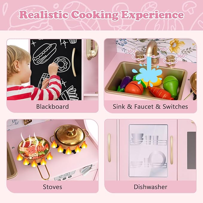 Costzon Kids Kitchen Playset, Wooden Pretend Cooking Toy Set w/Sound, Large Blackboard, Telephone, Microwave, Ice Maker, Dishwasher, Oven, Storage Space, Play Kitchen for Kids Ages 3+ (Light Pink)