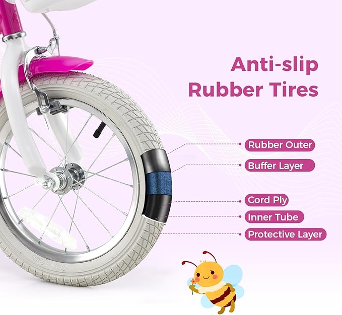 BABY JOY Kids Bike, 12 14 16 18 Inch Children Bicycle w/Detachable Training Wheels, Storage Basket, Adjustable Seat & Handlebar, Bow or Streamer, Girls Bike for 3-8 Years Old