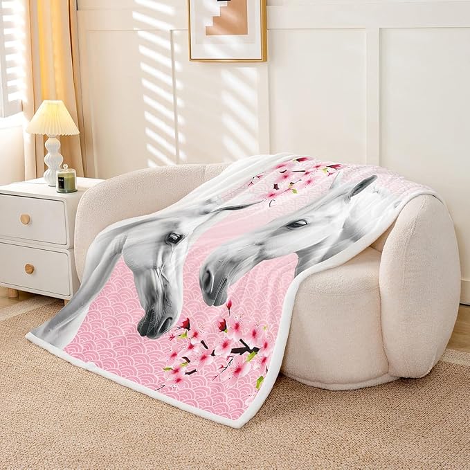 Horse Fleece Throw Blanket for Girls Boys Teens 3D Animal Theme Sherpa Blanket Kids Cherry Blossoms Plush Blanket Cute Pink Floral Room Decor Horse Lover Farmhouse Style Fuzzy Blanket Baby 30x40 Inch