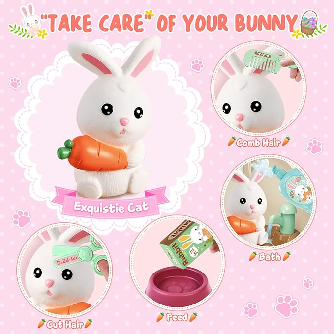 Shemira Girl Toys Gifts for 2 3 4 5 6 Years Old, Toddler Girl Toys, Bunny Toys for Kids, Easters' Gifts for Girls, Pet Care Pretend Toys with Toy Bunny & Storage Backpack