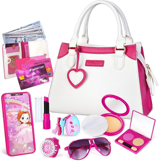 Shemira Play Purse for Little Girls, Princess Pretend Toys for Kids 3 4 5 6 7 8 Years Old, Christmas & Birthday Gift for Girls Age 3-5 4-6 6-8, Toddler Purse with Accessories, Kids Toy Purse, White