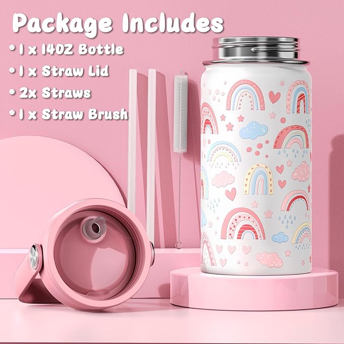14oz Kids Insulated Water Bottle with Straw Lid - 18/8 Stainless Steel Kid Cup Travel Tumbler Double Wall Vacuum Leak Proof Portable Toddler Water Bottle (Rainbow)