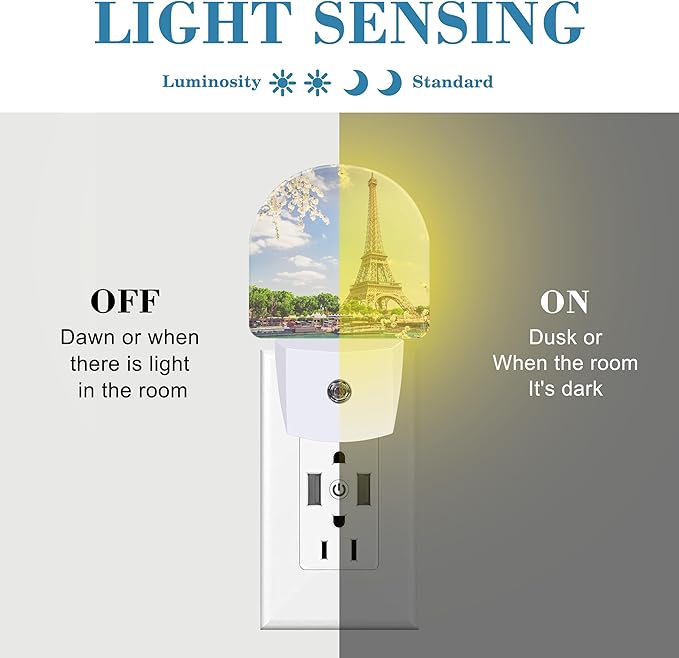 Plug in Night Lights Eiffel Tour Over Seine River Nightlight Plug Into Wall Dusk to Dawn Sensor LED Night Light for Kid Girls Boys Room Decor, Hallway, Kitchen, Bathroom, Nursery, Stairs