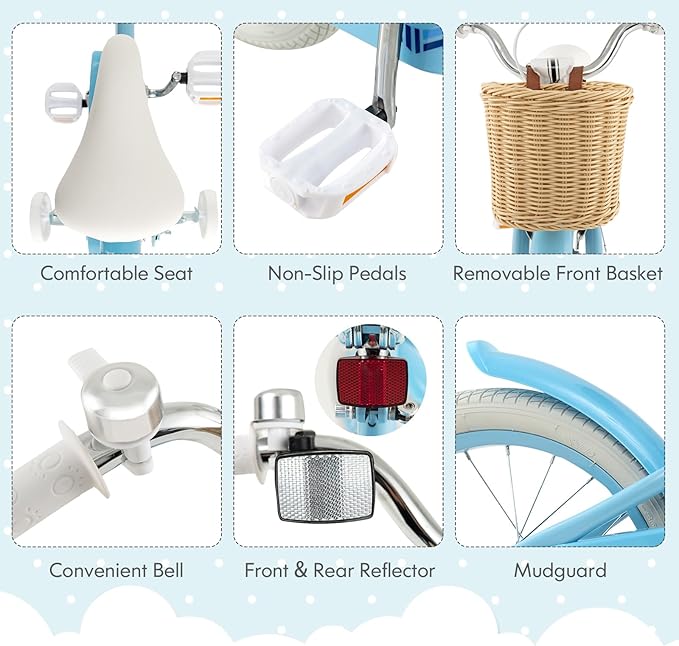 COSTWAY Kids Bike, 14 16 18 Inch Toddler Bike with Training Wheels, Basket, Adjustable Seat & Handlebar, Hand & Coaster Brakes, Bell, for Girl Boy Aged 3-8 Years Old