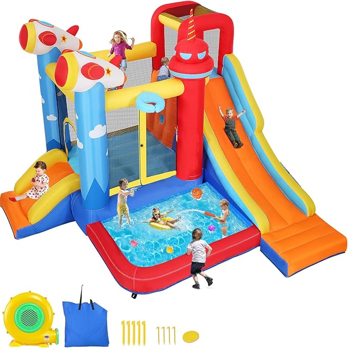 Inflatable Bounce House Water Slide, 7-in-1 Bouncy Castle Combo Water Pool & Bouncing Area & Slides & Basketball Game & Dart Game, Jump House for Kids Aged 3-10 w/Storage Bag, Orange
