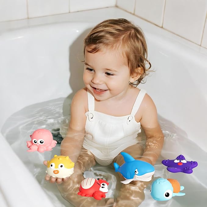 Bath Toys for Toddlers 18 Month, Bathtub Toys with 6 Baby Bath Animals, No-Hole Design Keeps Dry, Floating Toys Set for Baby 1 Year Old Boys & Girls (6 Pack)