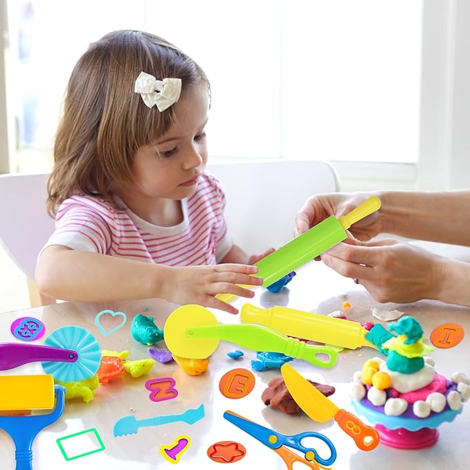 Playdough Tool Set, 56 Pcs Play Dough Tools Sets for Kids Ages 4-8, Playdough Accessories Includes Alphabet Numbers Shapes, Cutters Roller, Rolling Pins, Safety Scissors, Plastic Knife
