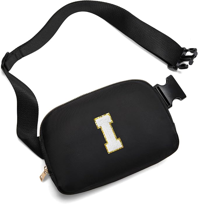 Gitus Birthday Gifts for 8 9 10 11 12 13 Year Old Girls Personalized Fanny Pack Crossbody Bags with Initial Letter Patch Belt Bag for Teen Girls Cute Trendy Stuff Travel Essentials (Black-I)