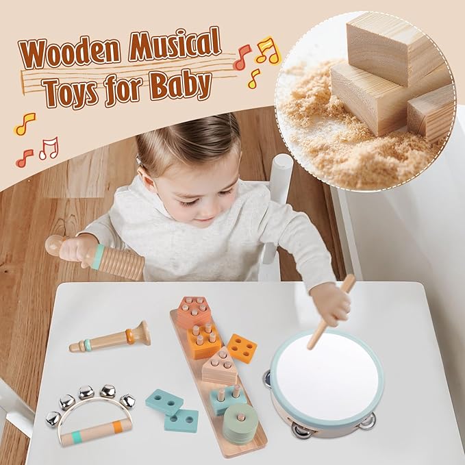 Montessori Toys Wooden Musical Instruments for Kids, Percussion Instruments Music Toy Set with Tambourine, Handbells, Clarinet, Sounder for Toddlers, Educational Toys for Baby (Natural Color)