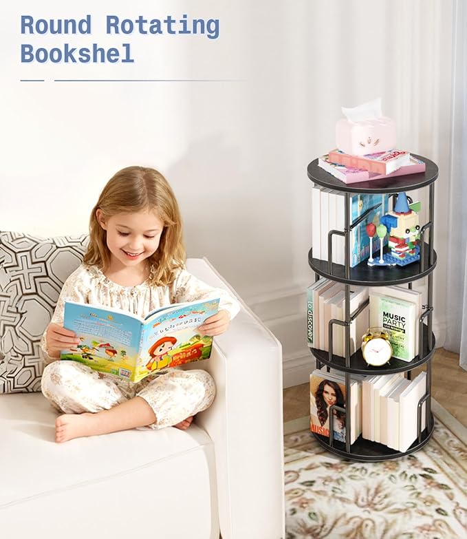 3 Tier Rotating Bookshelf Tower Round Black,37”Floor Standing Spinning Bookshelf Tower Anti-Tipping Design,Metal & Wood Revolving Bookcase Stackable Space Saving for Small Spaces,Study,Living Room