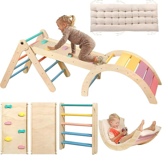 Pikler Triangle Set with Cushion, 7 in 1 Toddler Climbing Toys Indoor, Montessori Foldable Climbing Set, Wooden Climbing Toys for Toddlers Inside with Ramp, Arch and Ladder (Rainbow)
