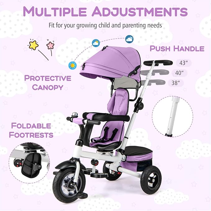 Costzon 5-in-1 Folding Kids Tricycle with Adjustable Push Handle & Canopy, Reversible Seat and Safety Harness, Push Trike with Storage for Toddler Aged 1-5 Years Old, Blue/Gray/Pink