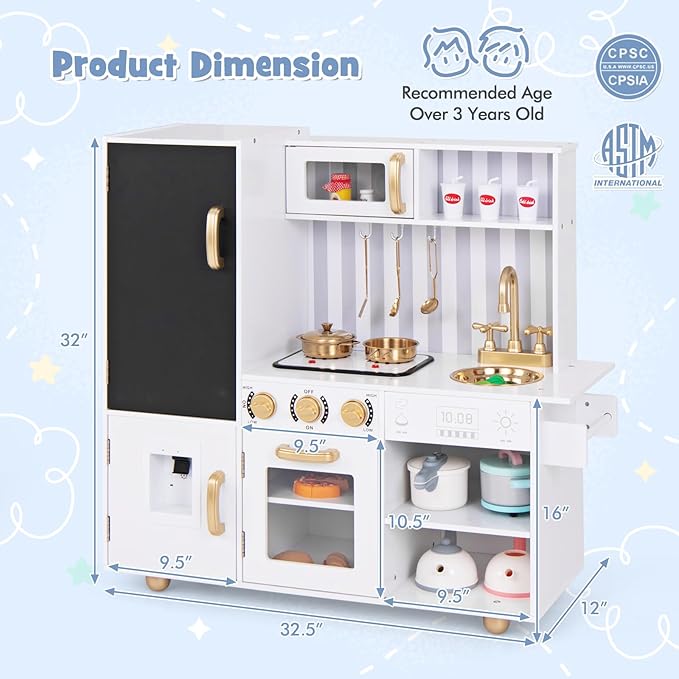 HONEY JOY Kids Kitchen Playset, Wooden Little Chef Pretend Play Kitchen Set w/Chalkboard & Water Dispenser, Lighted Stove, Storage Cabinet, Utensils, Play Kitchen for Toddlers, White + Golden