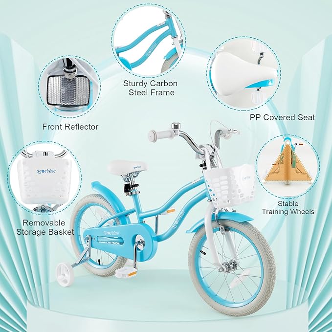 BABY JOY Kids Bike, 12 14 16 18 20 Inch Boys Girls Bike w/Adjustable Seat, Removable Basket, Handbrake & Coaster Brake, Training Wheels or Kickstand, Kids Bicycle with Multi-Color