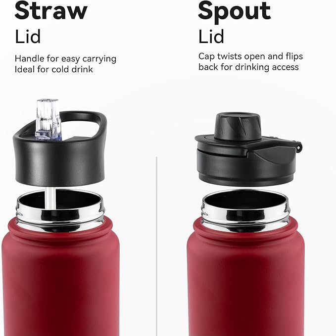 24oz Insulated Water Bottle with Straw Lid, Stainless Steel Metal Water Bottle with Straw & Wide Mouth Lid, Double Wall Vacuum Water Bottle for Hiking Camping, Red 1 Pack