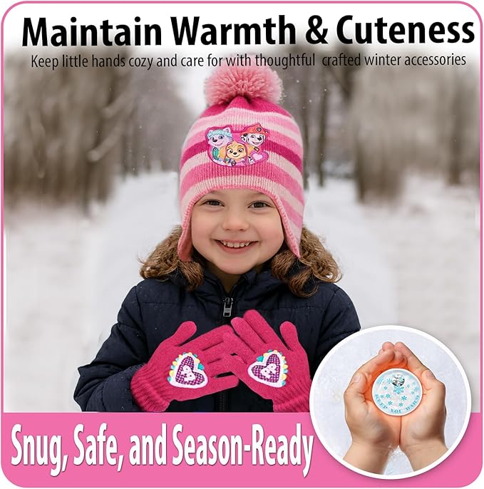 Nickelodeon Paw Patrol Girls Winter Hat and 2 Pair Mittens or Gloves (Age 2-7), Size Age 4-7, Paw Patrol Light/Dark Pink Glove with Handwarmers