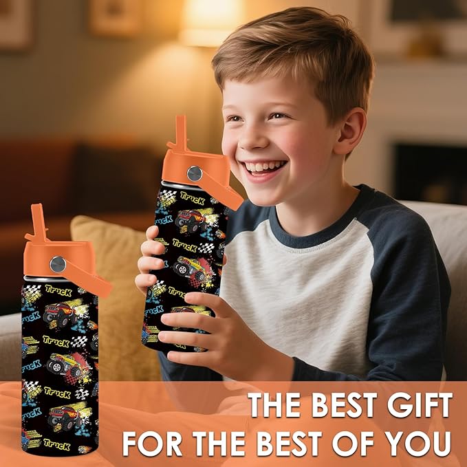 Truck Gifts for Kids - 16 Oz Kids Water Bottle with Straw Lid, Stainless Steel Insulated Tumbler, Leak Proof, BPA-Free, for Girls, School, Travel - Truck Lovers Children Birthday Gifts Cups(1pc)