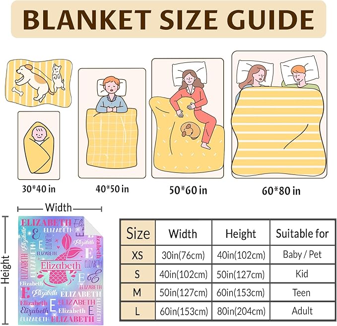 Personalized Mermaid Blankets for Kids Teens Adults, Girls Women Throw Blanket Gifts for Mermaid Lovers, Custom Name Soft Warm Flannel Monogram Blankets Decor for Bed Couch Sofa Home Room