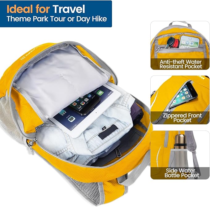 ZOMAKE Ultra Lightweight Packable Backpack 25L, Foldable Hiking Backpacks Water Resistant Small Folding Daypack for Trave(Lemon yellow)